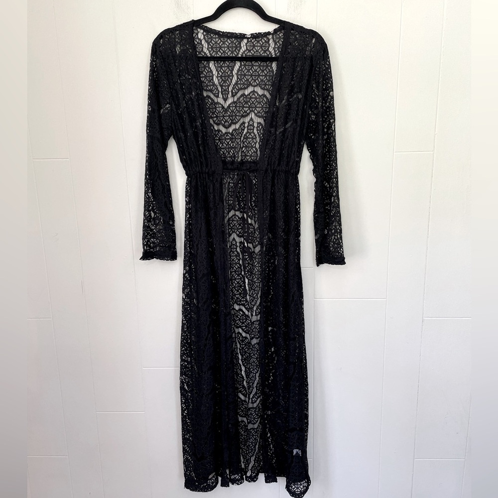 Black Lace Sheer Long Sleeve Tie Front Maxi Coverup Top Whimsy Goth ~ One Size